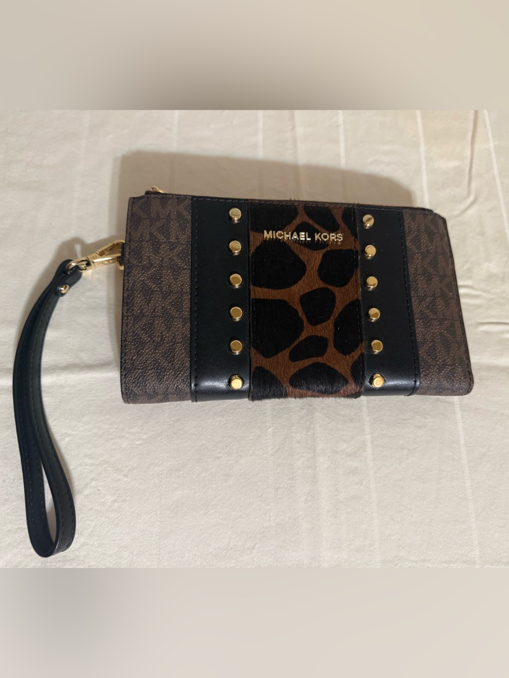 Michael Kors Brown and Black Leopard-Print Clutch with Gold Studs